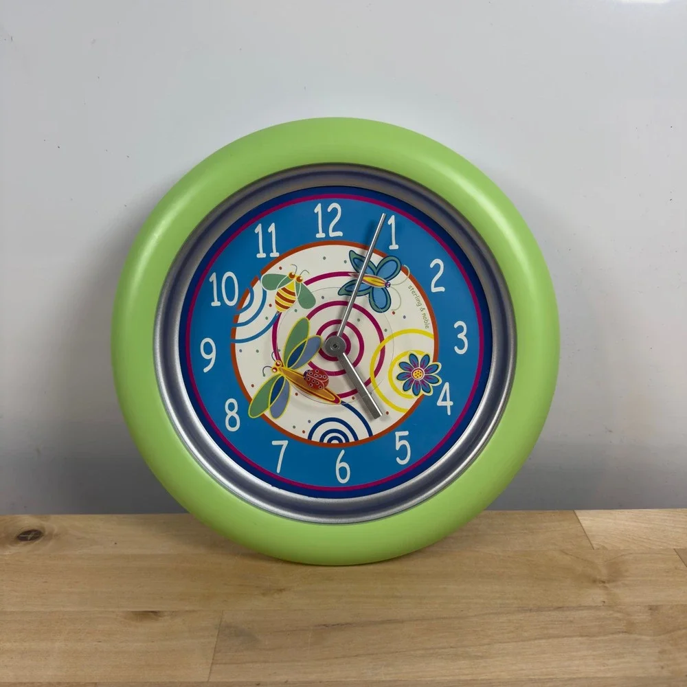 Sterling & Noble Wall Clock Lime Green Insect Bee Butterfly Kidcore Decor 10in